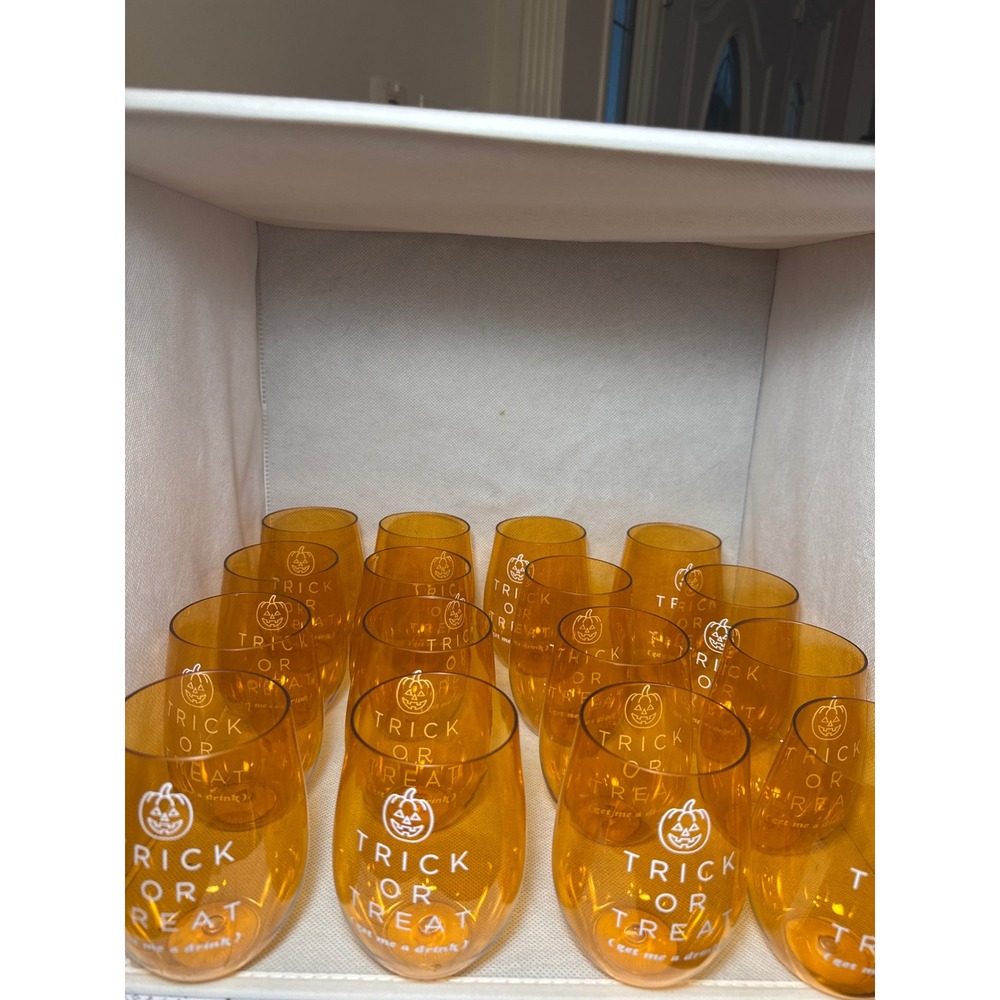 Halloween Trick Or Treat Stemless Wine Glasses Orange Set of 16 Plastic Cups
